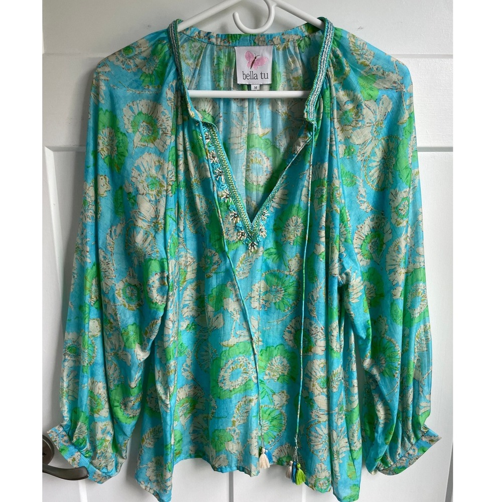 Bella Tu Blue Peasant Top M Boho Floral Embroidered India Beaded Tunic Resort